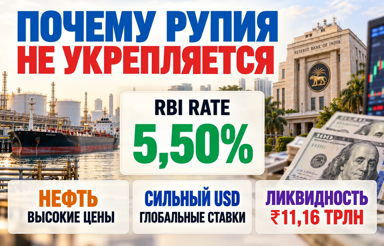 Курс USD/INR растёт несмотря на повышение ставки RBI