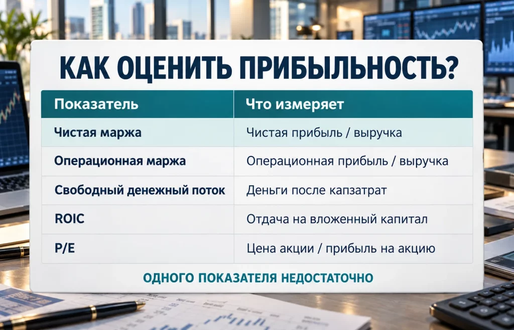 Таблица чистой и операционной маржи свободного денежного потока ROIC и P/E с пояснениями
