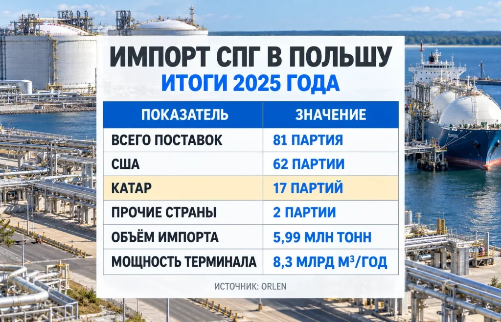 Таблица поставок СПГ в Польшу из США и Катара и мощности терминала Свиноуйсьце