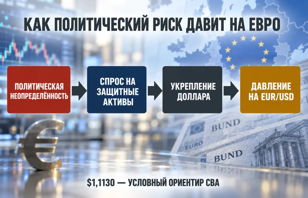 Схема влияния политической неопределённости, спроса на защитные активы и доллара на EUR/USD