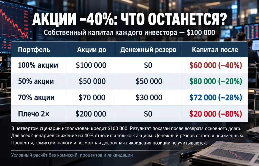 Сравнение стоимости четырёх портфелей после падения акций на 40% при собственном капитале $100 000