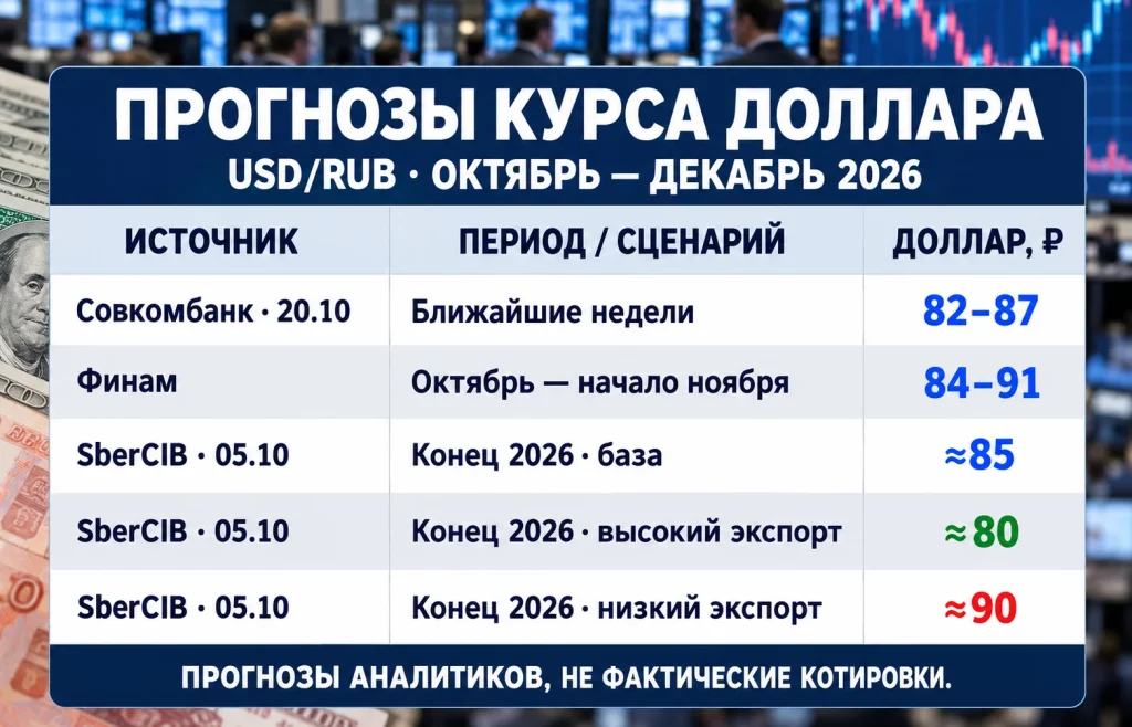 Прогноз курса рубля: удержится ли доллар около 81 ₽? 2 Сравнительная таблица прогнозов USD/RUB на октябрь, ноябрь и конец 2026 года по оценкам аналитиков