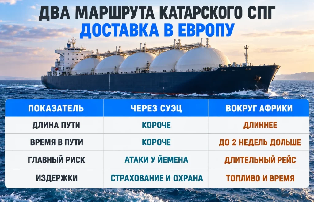 Таблица сравнения длины пути, времени, рисков и расходов двух маршрутов перевозки СПГ