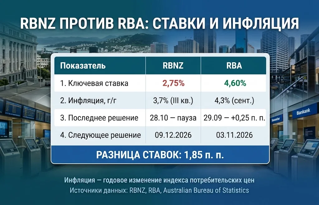 Таблица ставок RBNZ и RBA, годовой инфляции и дат ближайших решений двух центробанков