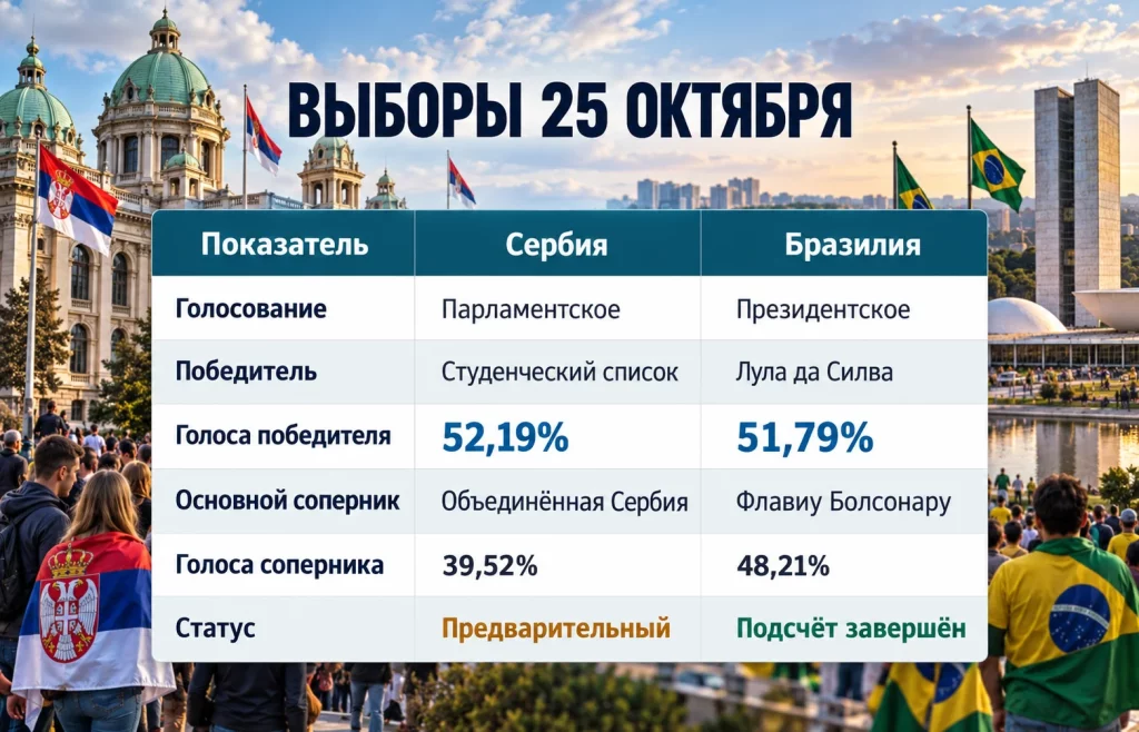 Выборы в Сербии и Бразилии: молодёжь или старая власть? 1 Сравнительная таблица итогов голосования в Сербии и Бразилии с процентами победителей и соперников