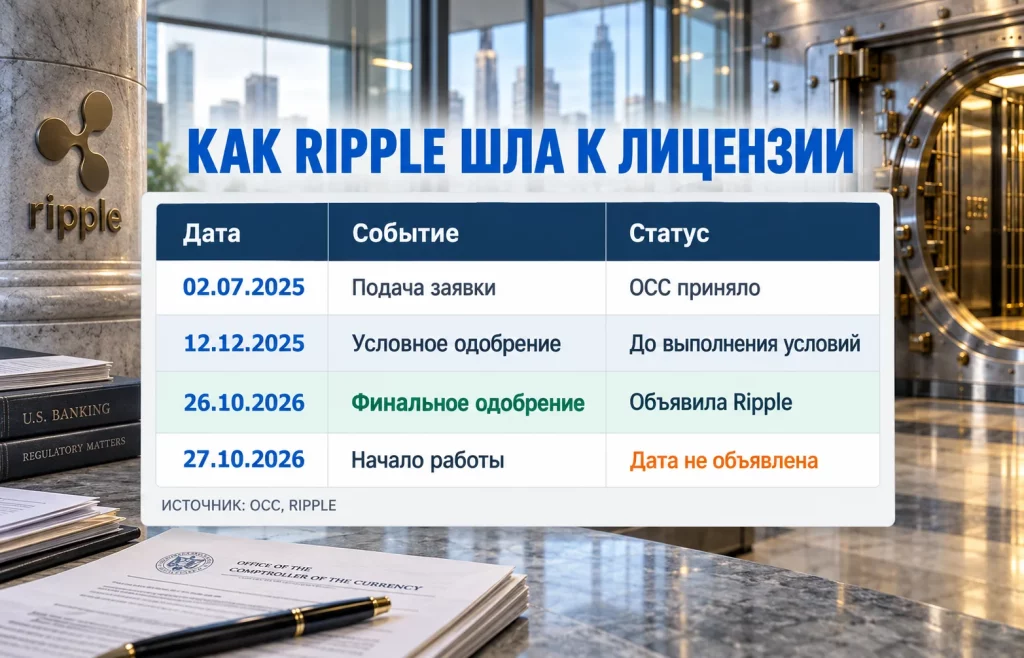 Четыре этапа получения Ripple National Trust Bank разрешения OCC с июля 2025 по октябрь 2026 года