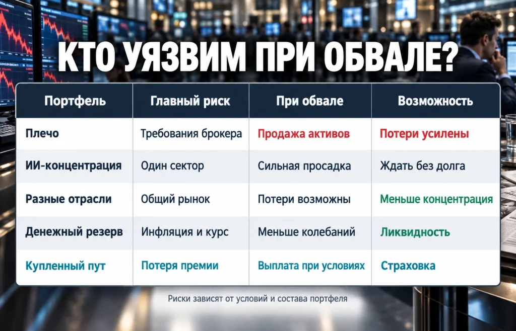 Таблица сравнения кредитного плеча, концентрации акций, диверсификации, денежных резервов и пут-опционов