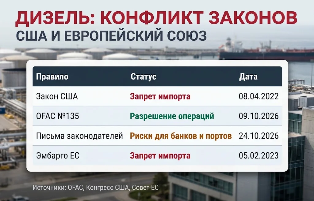 Таблица правовых ограничений на российский дизель: закон США 2022 года, лицензия OFAC №135, письма Конгресса и эмбарго ЕС