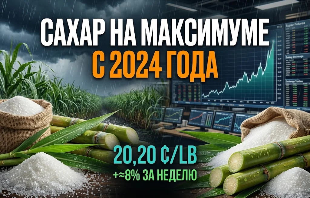 Цена на сахар достигла максимума с 2024 года