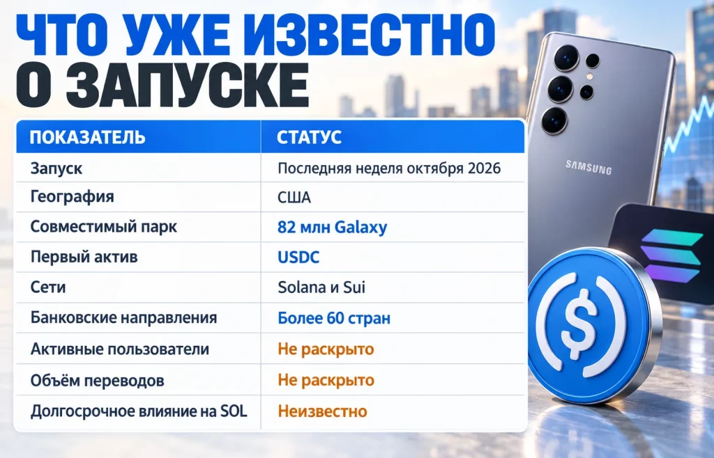 Таблица параметров запуска USDC в Samsung Wallet и неизвестных показателей