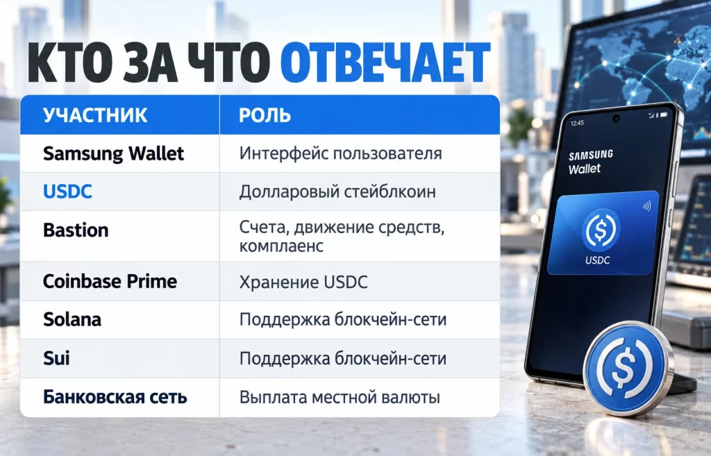 Таблица ролей Samsung Wallet USDC Bastion Coinbase Solana Sui и банков