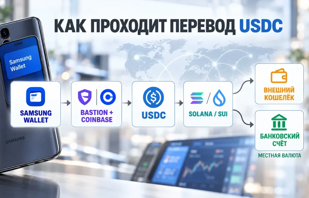 Схема перевода USDC из Samsung Wallet через партнёров и блокчейн-сети