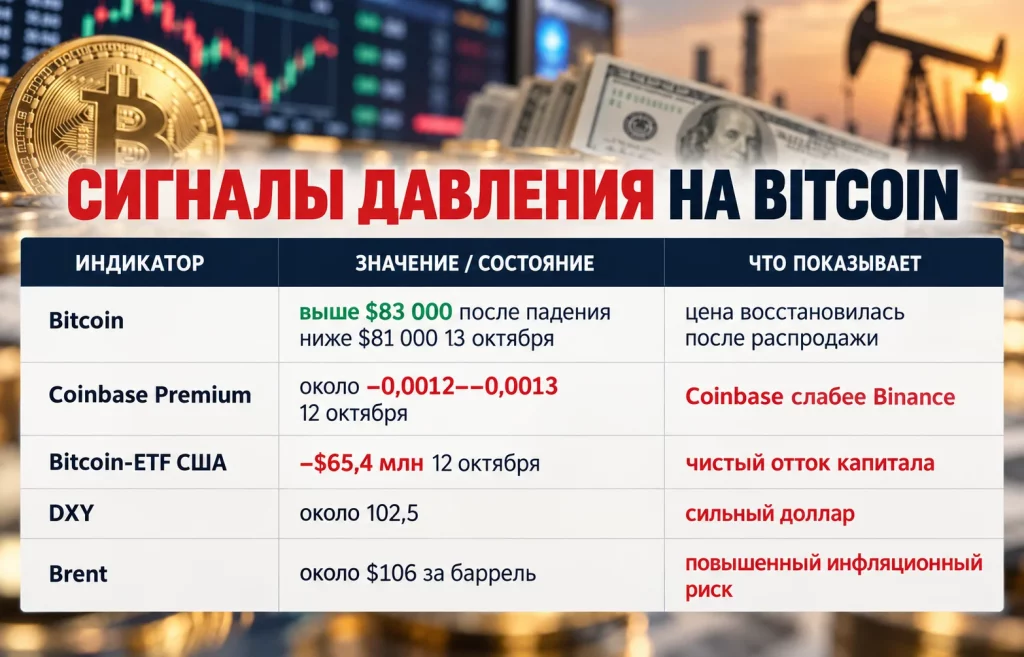 Таблица Bitcoin, Coinbase Premium, ETF, DXY и Brent 12–13 октября