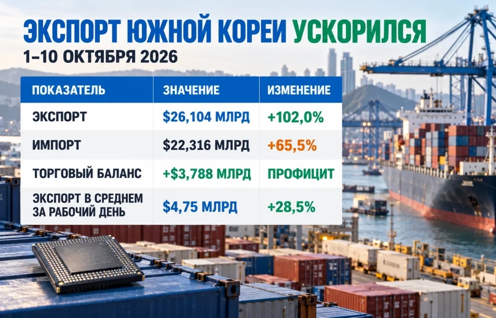 Курс воны к доллару укрепился: USD/KRW упал к 1 331 2 Экспорт, импорт и торговый баланс Южной Кореи за первые десять дней октября 2026 года
