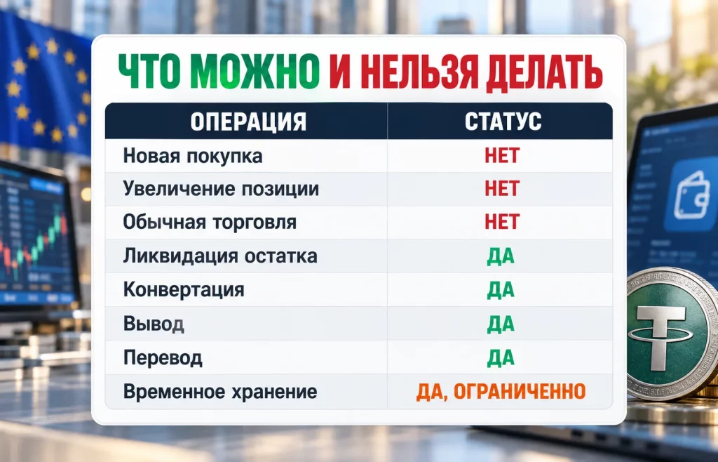 Таблица разрешённых и прекращаемых операций с неподдерживаемыми MiCA стейблкоинами