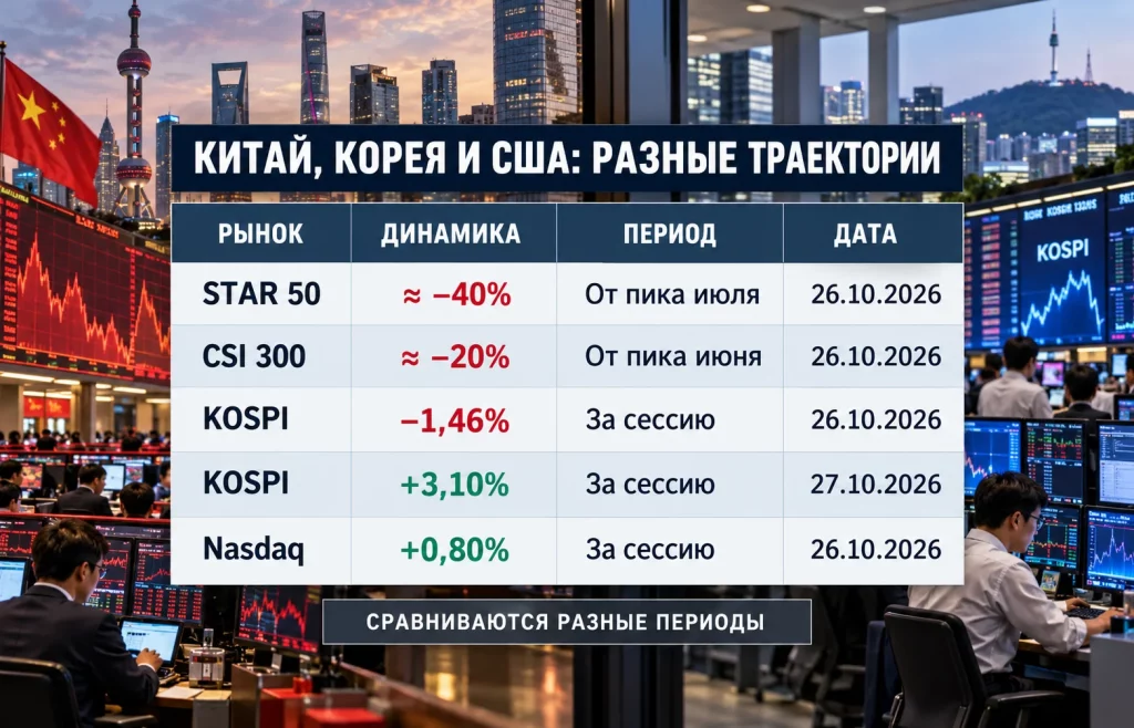 Таблица изменения индексов STAR 50, CSI 300, KOSPI и Nasdaq Composite в октябре 2026 года