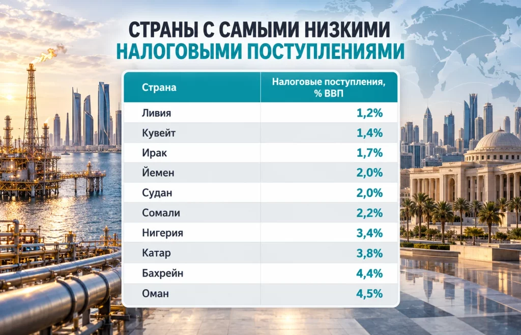 Десять стран с минимальной долей налоговых поступлений к ВВП по данным МВФ