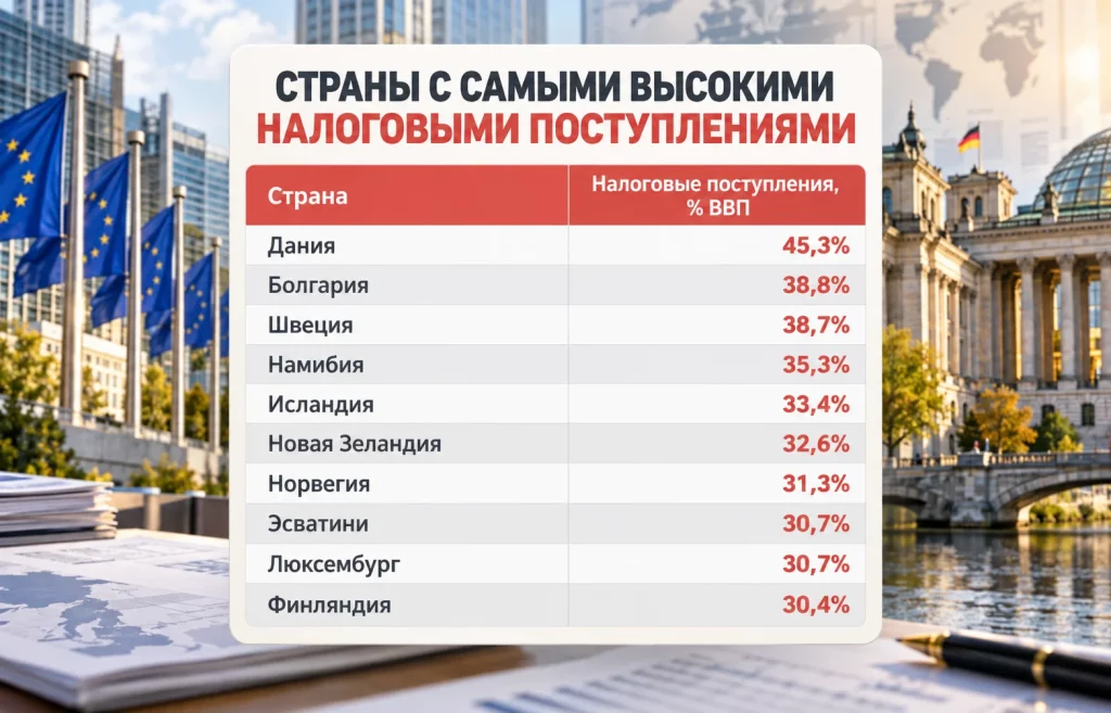 Десять стран с самой высокой долей налоговых поступлений к ВВП по данным МВФ