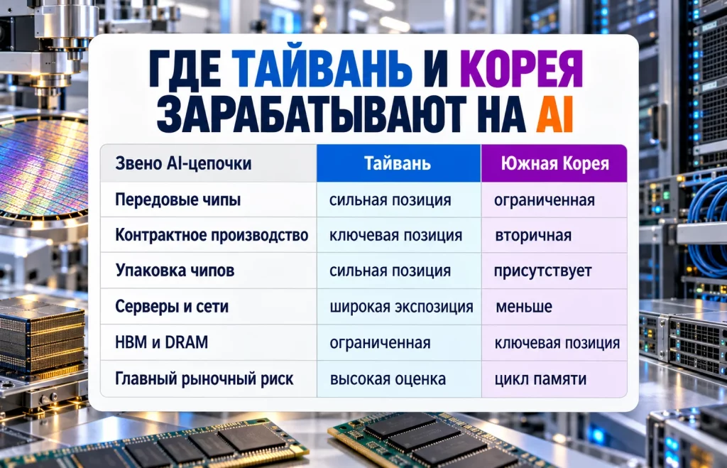 Таблица показывает различия AI-экспозиции фондовых рынков Тайваня и Южной Кореи
