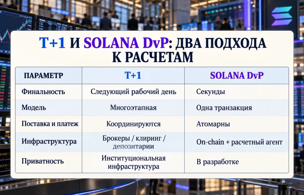 Сравнение традиционных расчетов T+1 и Solana DvP