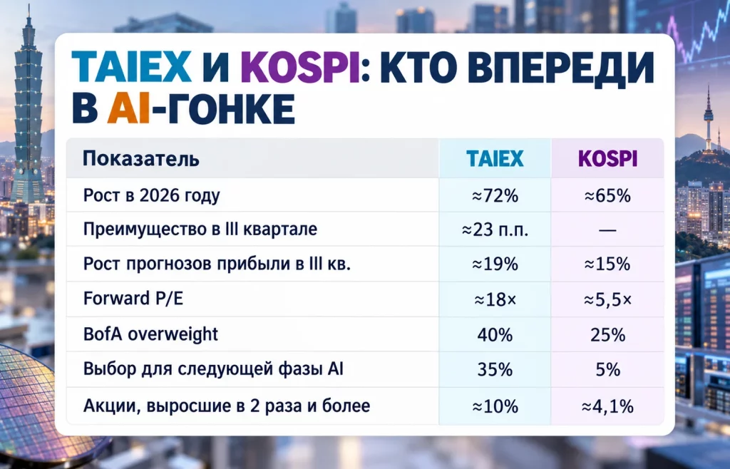 Таблица сравнивает рост, оценки и AI-позиционирование индексов TAIEX и KOSPI