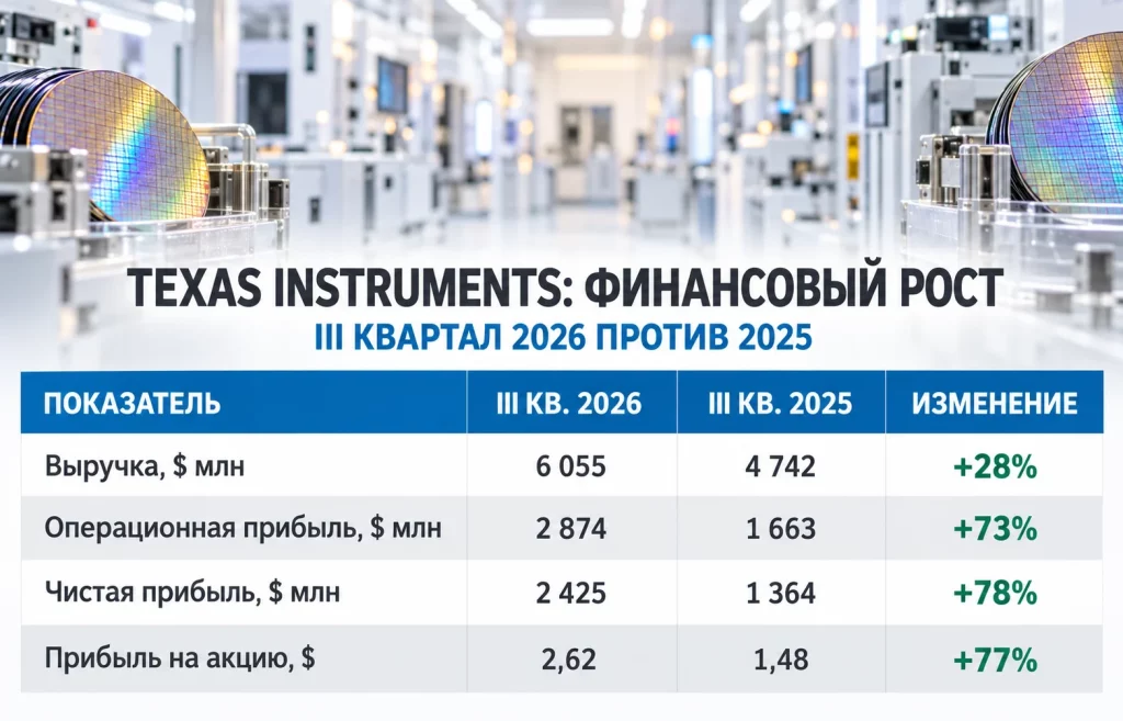 Texas Instruments: спрос на чипы снова набирает обороты 1 Таблица выручки, операционной прибыли, чистой прибыли и прибыли на акцию Texas Instruments за 2026 и 2025 годы
