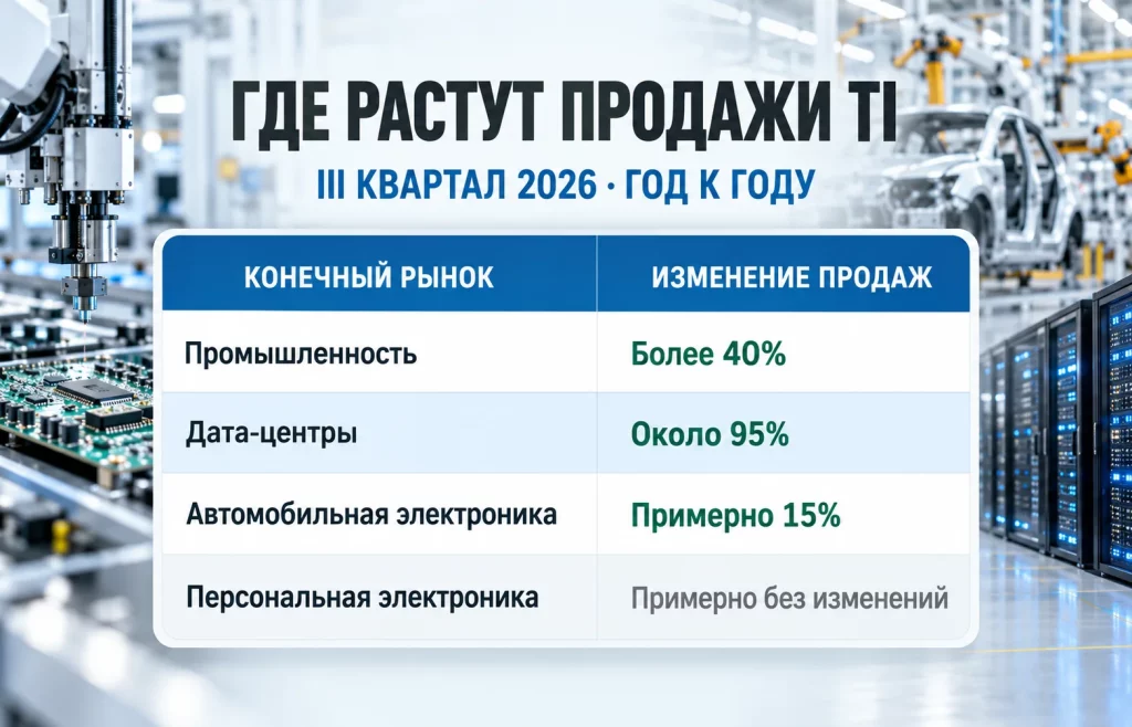 Texas Instruments: спрос на чипы снова набирает обороты 2 Таблица роста продаж Texas Instruments для промышленности, дата-центров, автомобилей и персональной электроники