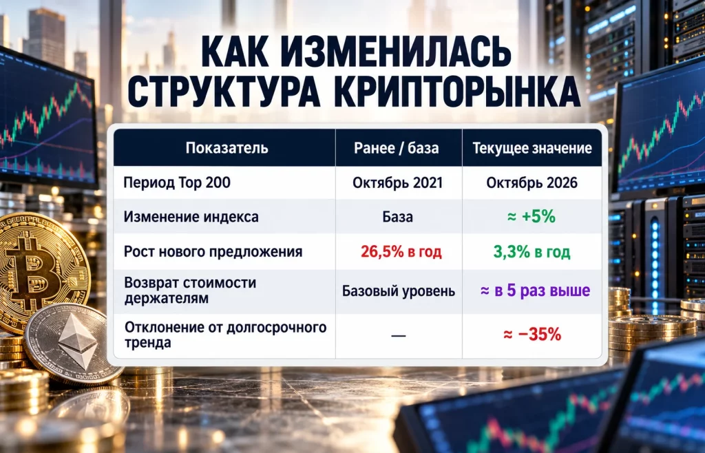 Таблица динамики индекса ТОП-200 криптовалют и предложения токенов