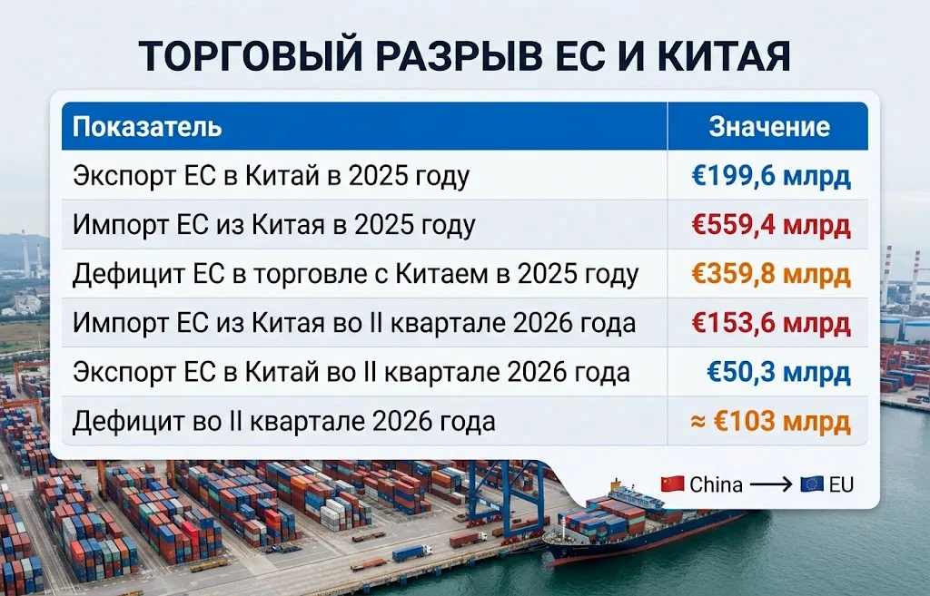 Таблица импорта экспорта и торгового дефицита Евросоюза с Китаем в 2025–2026 годах