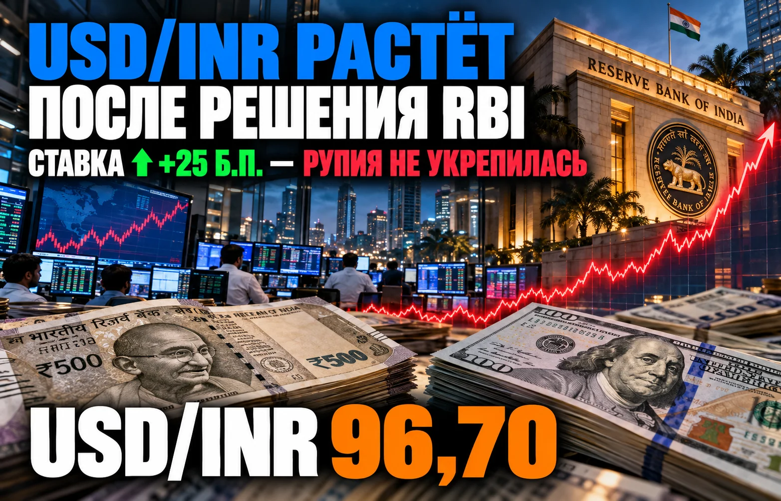 Курс USD/INR растёт несмотря на повышение ставки RBI