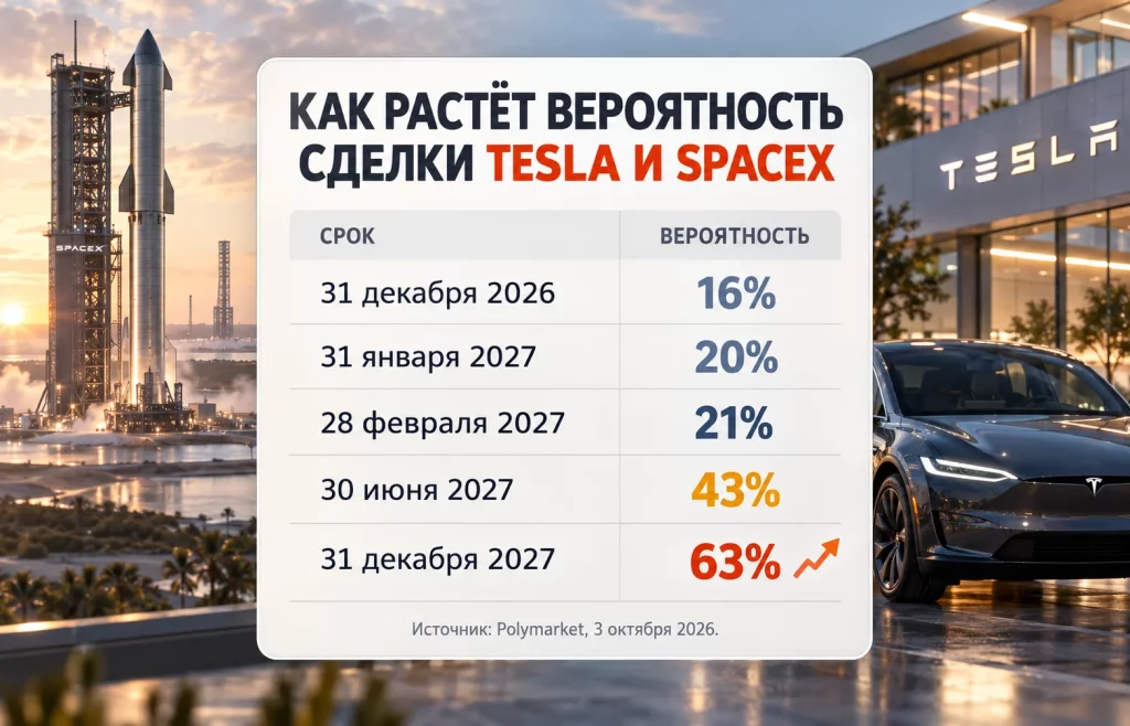 Вероятность объявления сделки Tesla и SpaceX от 16% до 63%