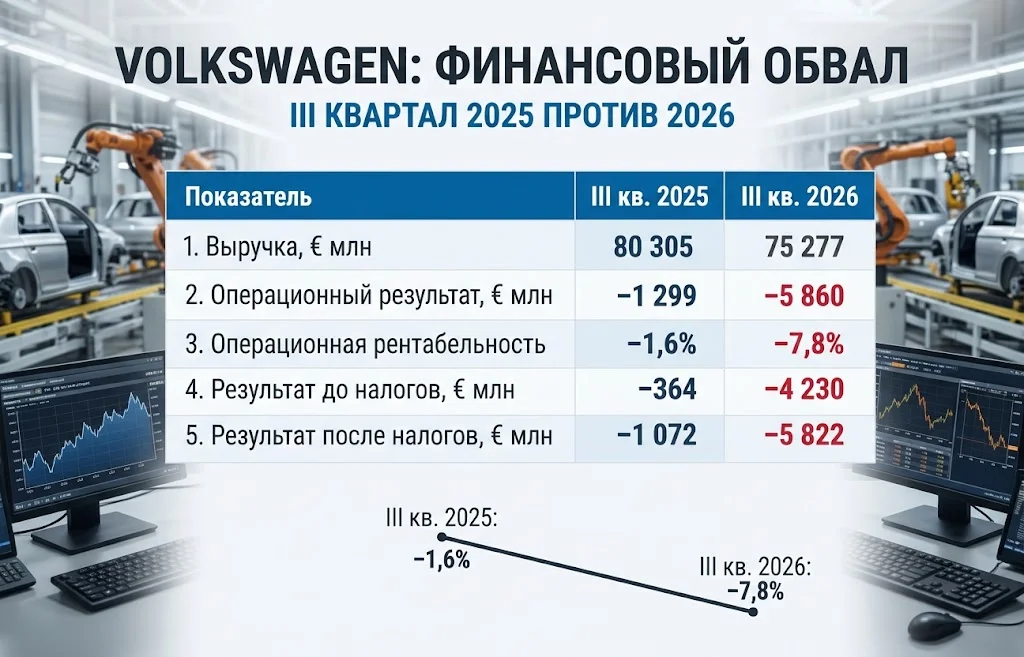 Убытки Volkswagen: €5,9 млрд против прибыли конкурентов 1 Сравнительная таблица выручки убытков и рентабельности Volkswagen за третий квартал 2025 и 2026 годов
