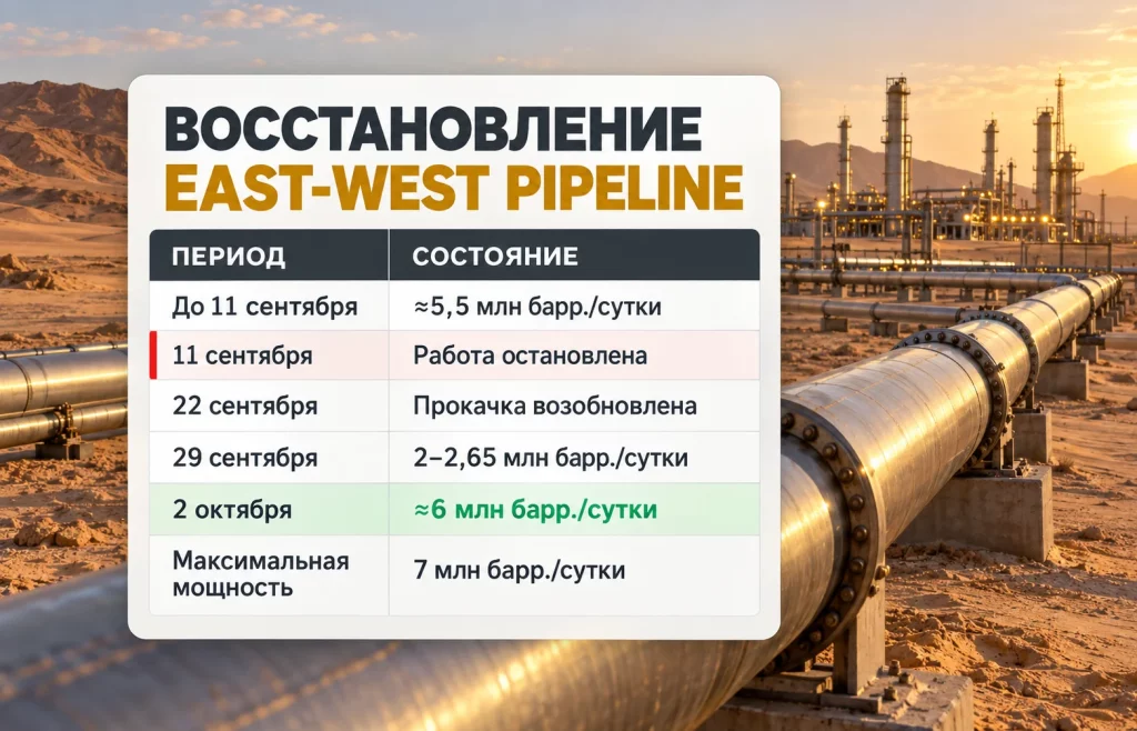 Хронология восстановления East-West Pipeline и рост прокачки до 6 млн баррелей в сутки