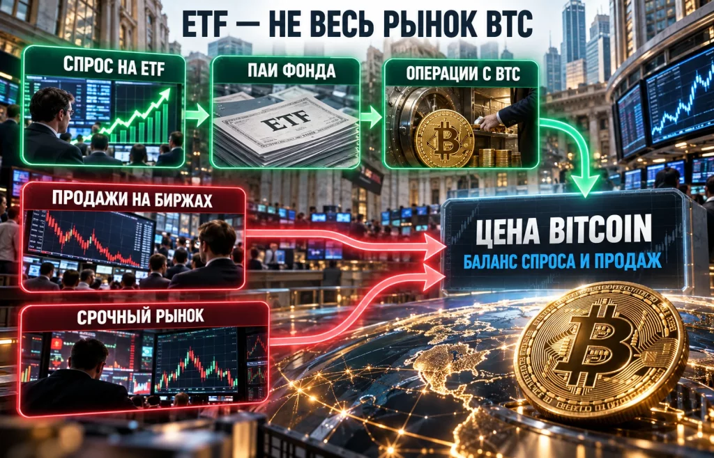Почему падает биткоин: приток $525 млн не спас BTC 2 Инфографика о влиянии Bitcoin-ETF, биржевых продаж и срочного рынка на цену биткоина