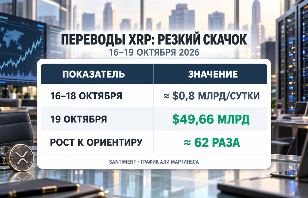 Таблица показывает приблизительно $0,8 млрд переводов XRP в предыдущие дни и $49,66 млрд 19 октября