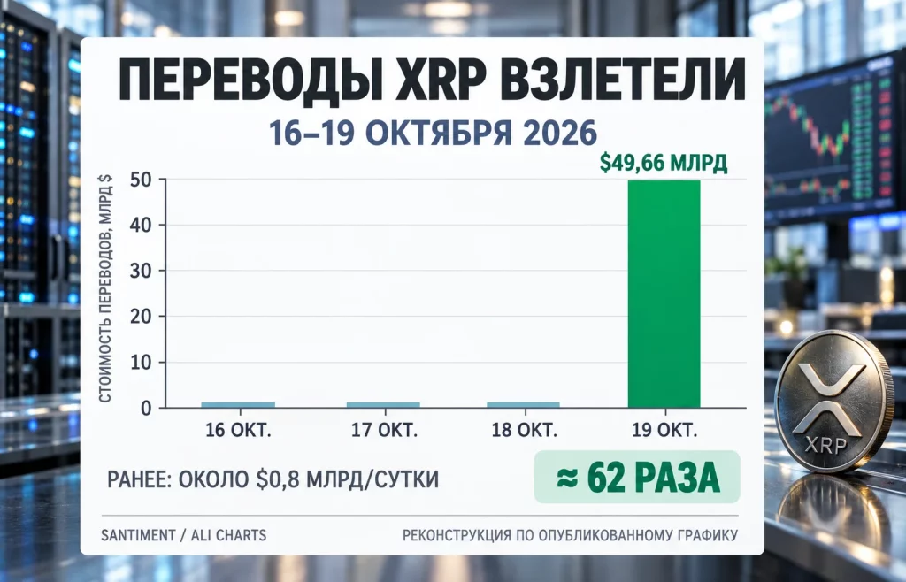 Столбчатый график стоимости переводов XRP за 16–19 октября с резким ростом до $49,66 млрд