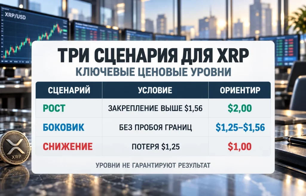 Таблица сравнивает условия роста XRP к $2, бокового движения и снижения к $1