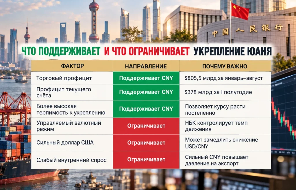 Таблица факторов поддержки и рисков для дальнейшего укрепления китайского юаня
